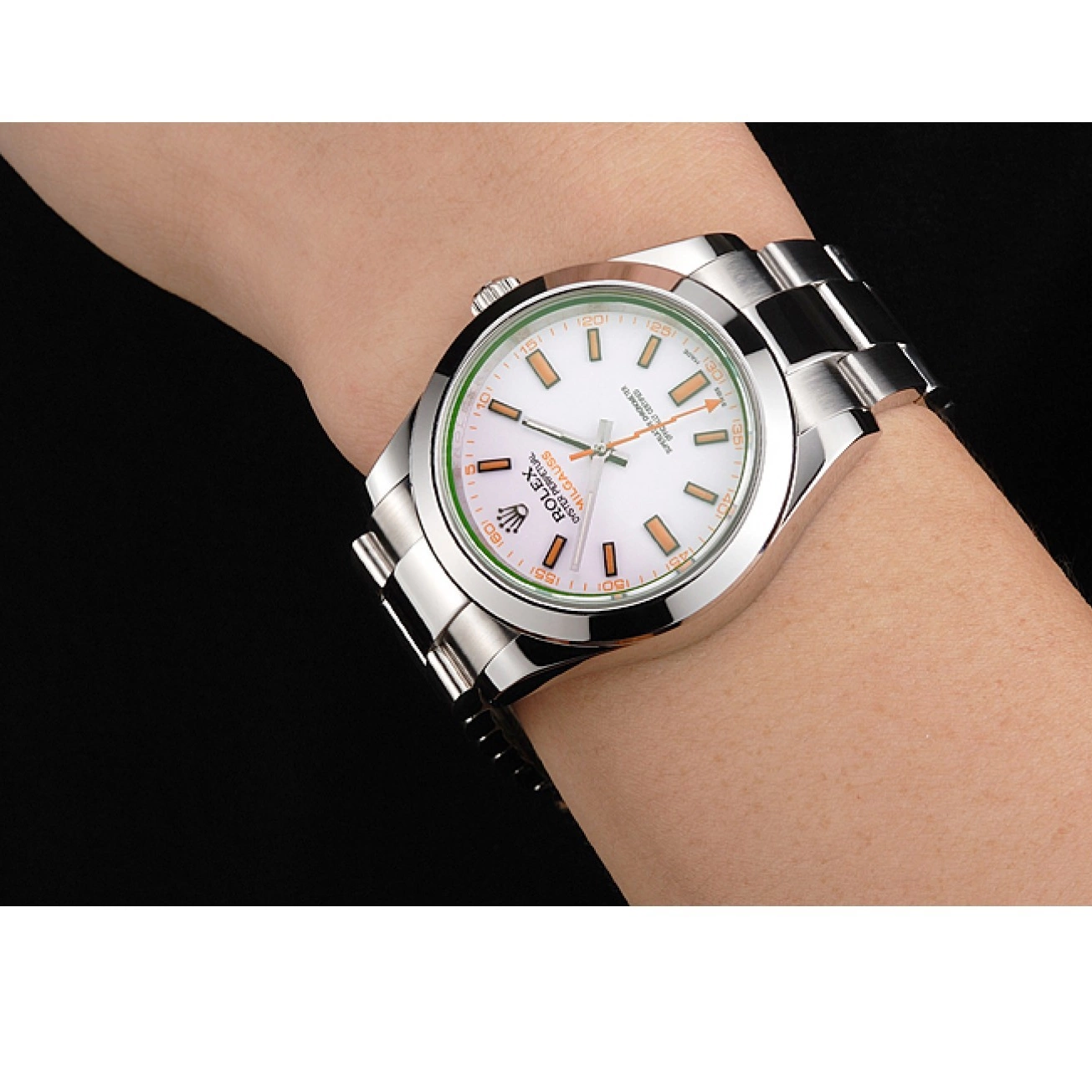 Rolex copies cheap Steel Case White Rolex Stainless Dial Bracelet Swiss Orange Milgauss And Markings 0612